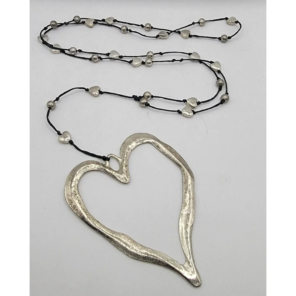 Oversized Hammered Open Heart Pendant Long Black Cord Necklace Silver Tone 17